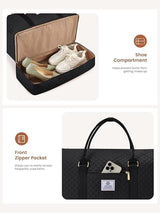 Black travel bag with shoe compartment and front zipper pocket on a white background