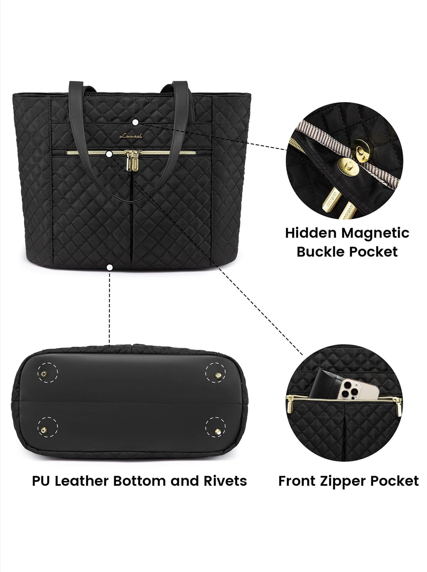 LOVEVOOK 2Pcs Diamond Quilted Tote Bag, 15.6" 17" 2176