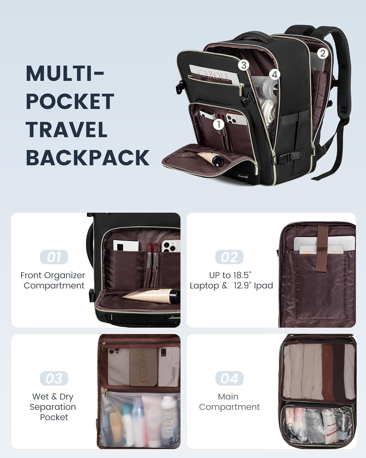 LOVEVOOK 4Pcs Plain Color Travel Backpack, 40L/50L 22210