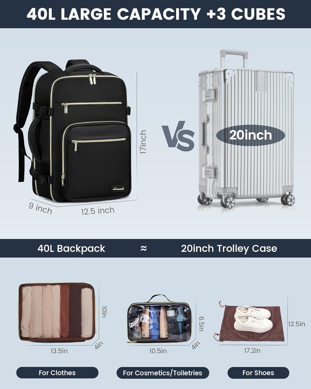 LOVEVOOK 4Pcs Plain Color Travel Backpack, 40L/50L 22210