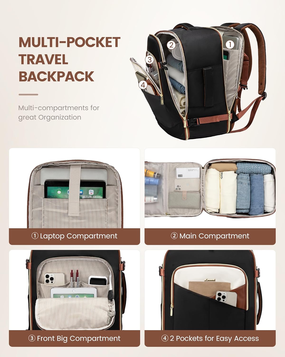 LOVEVOOK 4Pcs Carry on Backpack for Airplanes, 40L/50L 4112
