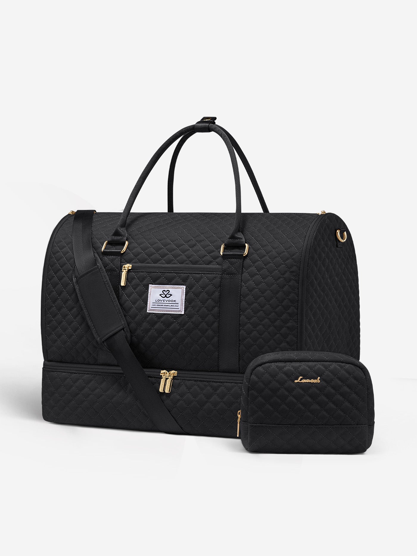 Black quilted duffel bag with matching pouch on a white background