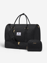 Black quilted duffel bag with matching pouch on a white background