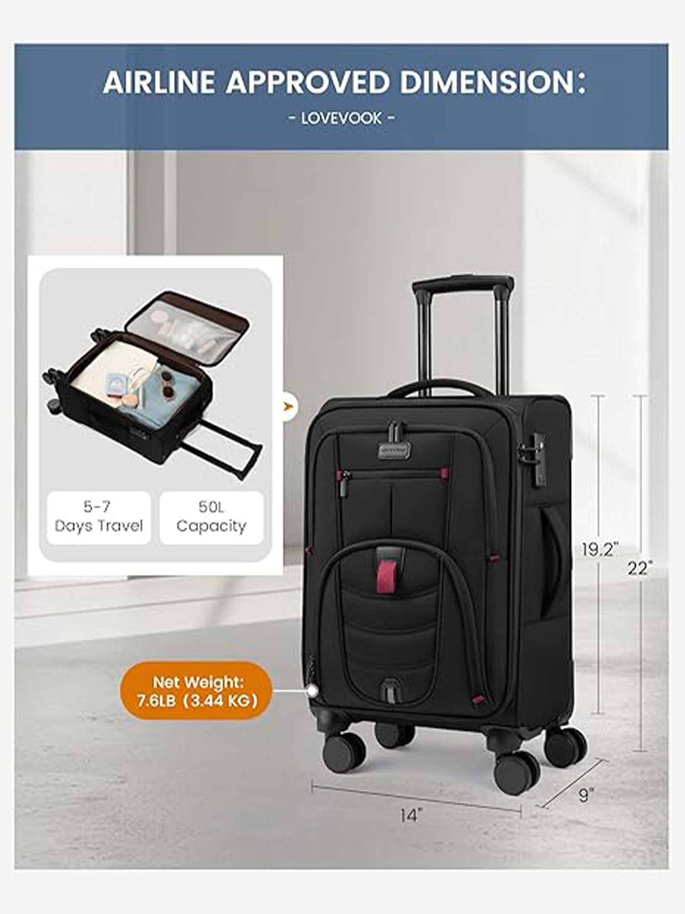 LOVEVOOK Carry On Luggage 22 Inch (Only available in the US) 4333
